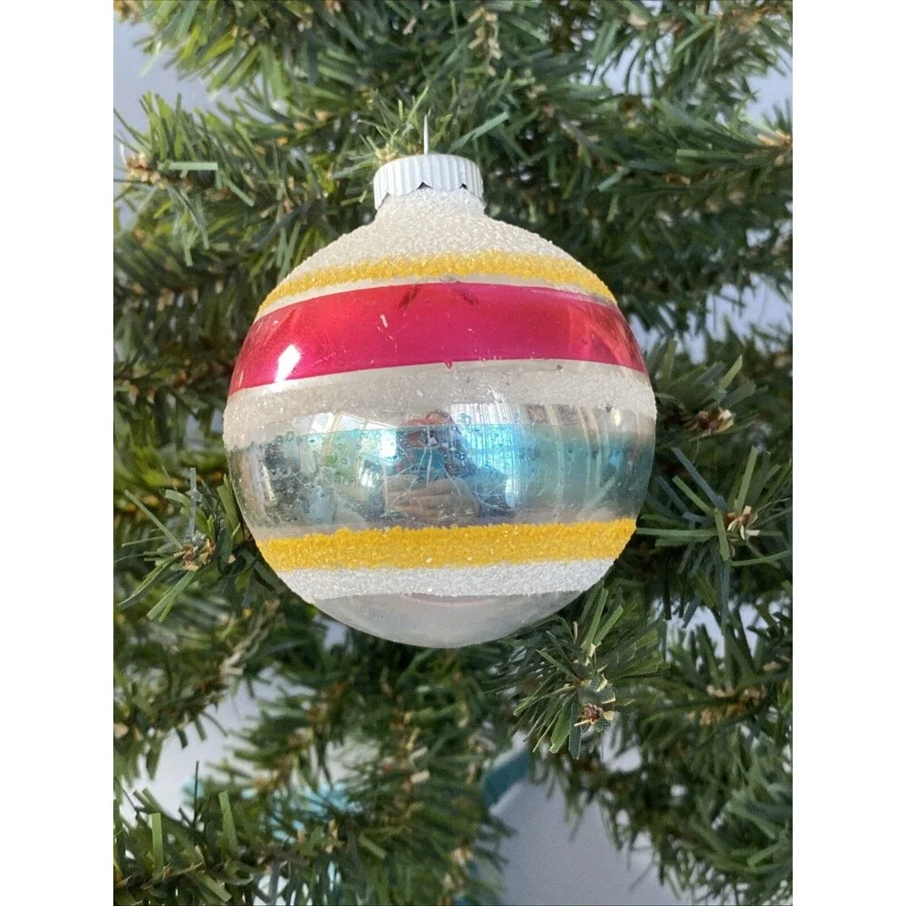 Vintage Christmas Shiny Brite Mica Striped Glass Ornament Ball Red Blue Yellow